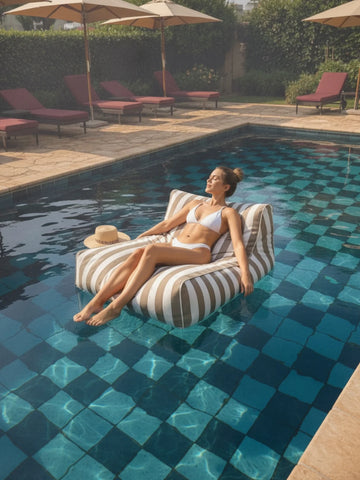 Woman sunbathing on the House of Dune Sand Drift Floating Lounger in a modern tiled pool, styled with natural tones and effortless resort-inspired comfort.