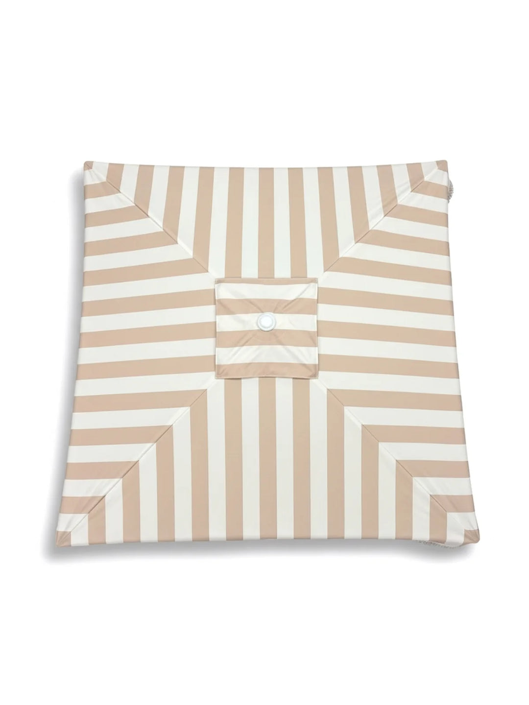 Top-down view of the House of Dune Sand Drift Cabana canopy, featuring wide beige and white stripes in a geometric pattern, highlighting the elegant design and central vent for airflow.