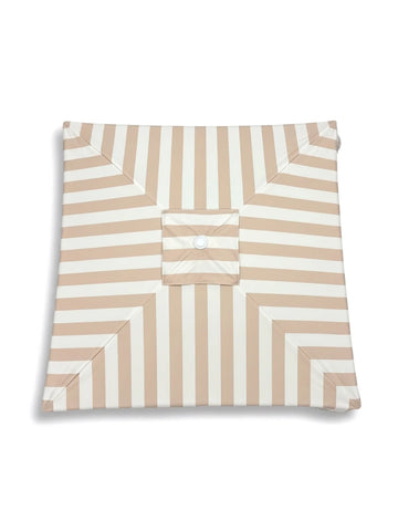 Top-down view of the House of Dune Sand Drift Cabana canopy, featuring wide beige and white stripes in a geometric pattern, highlighting the elegant design and central vent for airflow.
