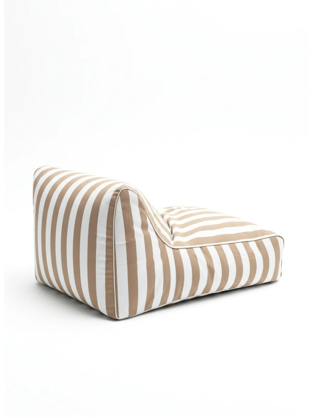 Back angle of the House of Dune Sand Drift Floating Lounger showing the elegant sand and white vertical stripes and ergonomic design for poolside lounging.