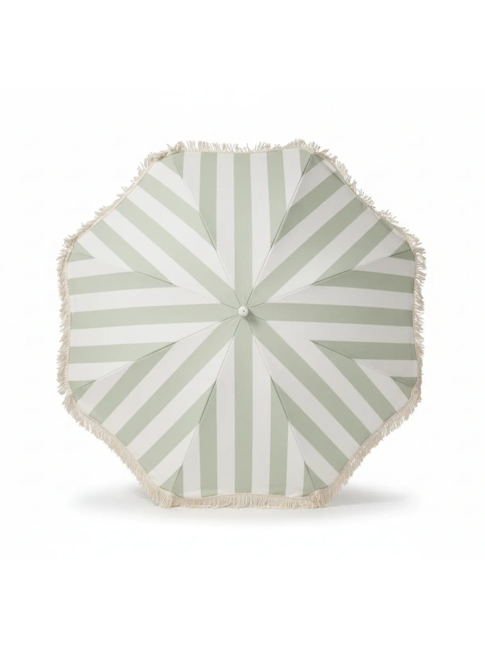 Top-down view of the Salted Sage beach umbrella by House of Dune, featuring soft green and cream stripes with fringe trim.