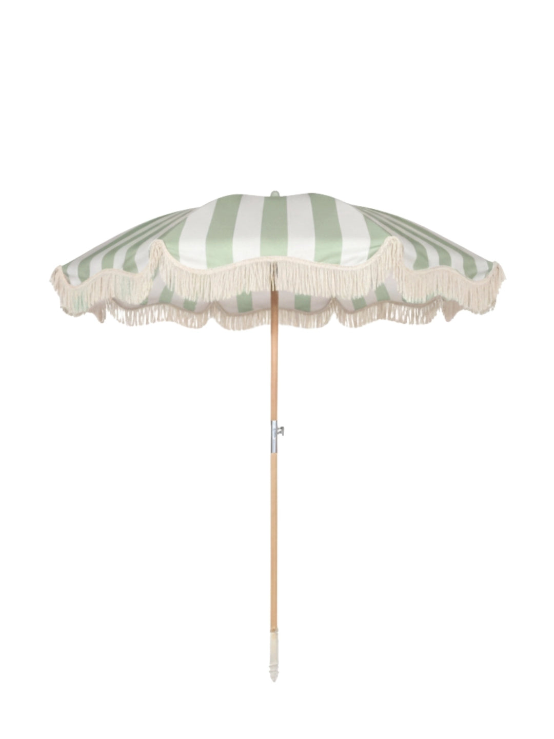 Upright Salted Sage striped beach umbrella with wooden pole and tassel fringe, designed by House of Dune.