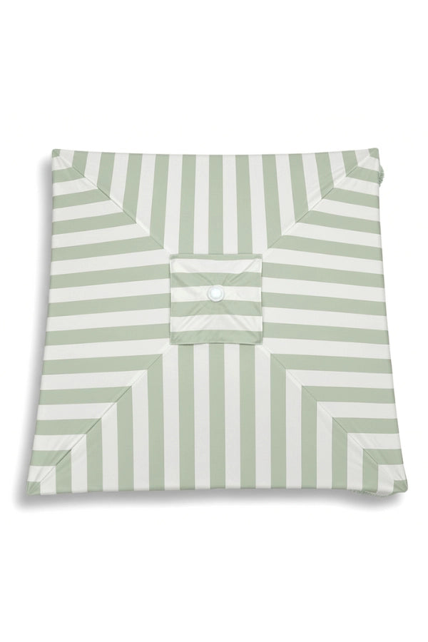 Top-down view of the Salted Sage cabana canopy showing wide sage green and cream stripes in a square design.