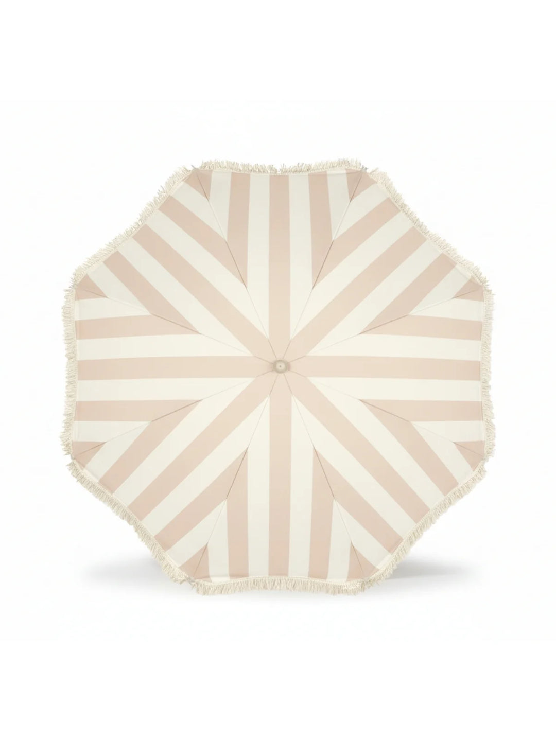 Top-down view of the Sand Drift beach umbrella by House of Dune, featuring soft beige and cream stripes with fringe trim.