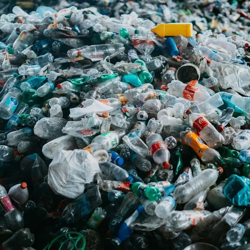 Close-up of recycled plastic bottles, sustainability editorial image highlighting House of Dune’s environmental mission.