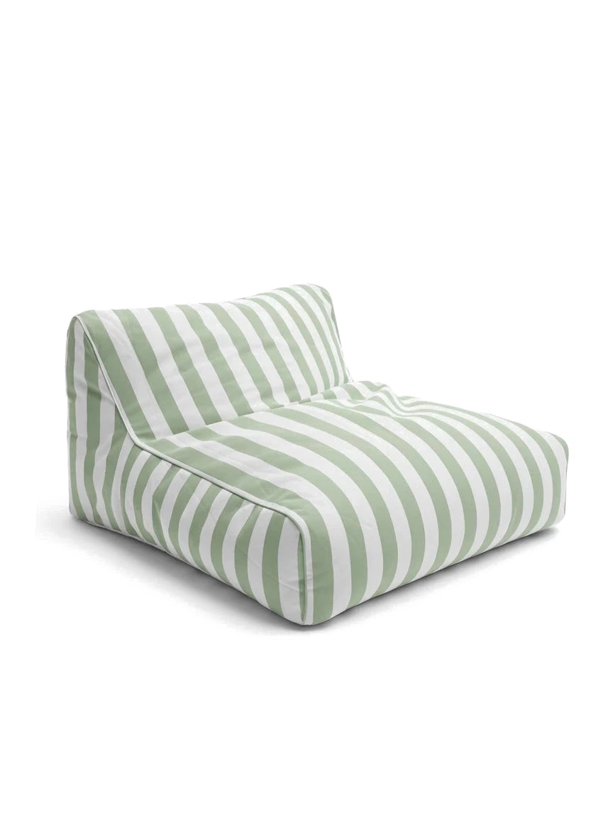 Salted Sage Floating Lounger in sage and white stripes, three-quarter front view on a white background.
