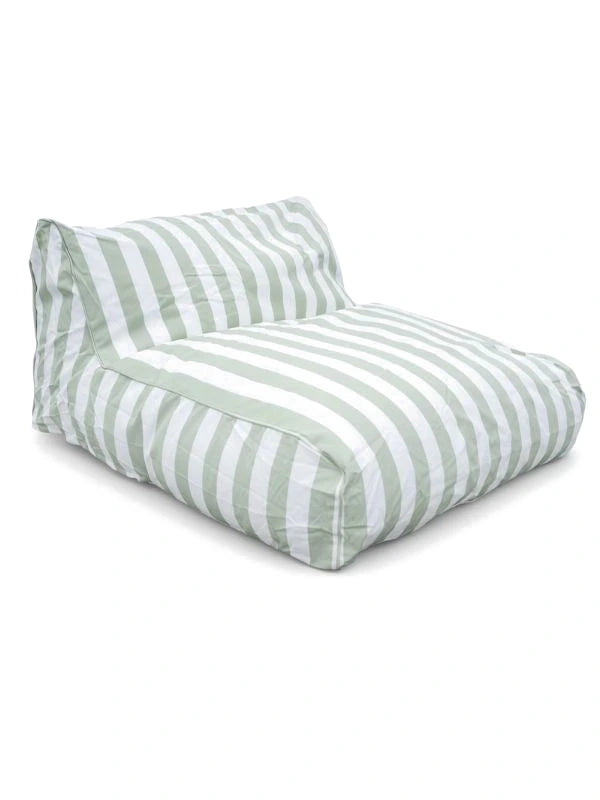 House of Dune Salted Sage floating lounger in green and white stripes, three-quarter front view on a white background.