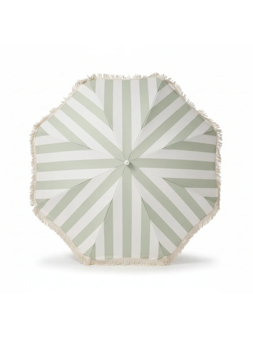 Top-down view of the Salted Sage beach umbrella by House of Dune, featuring soft green and cream stripes with fringe trim.