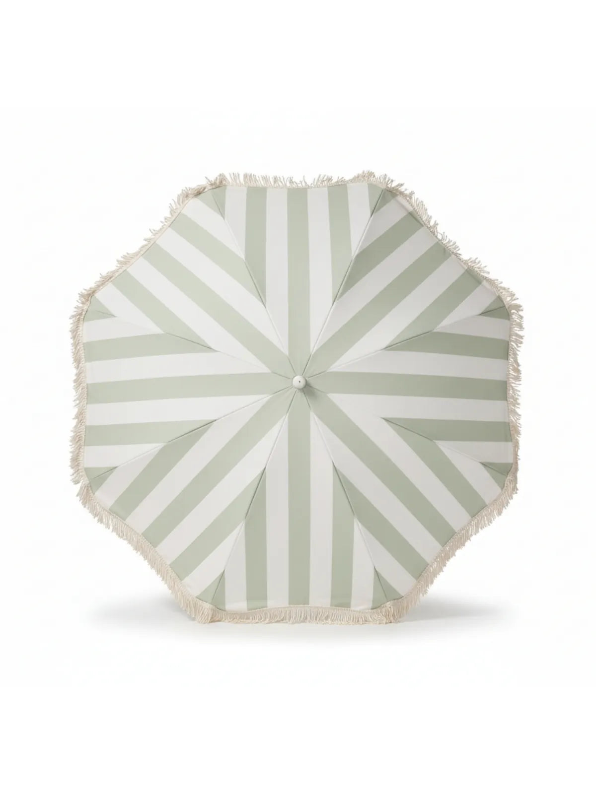 Top-down view of the Salted Sage beach umbrella by House of Dune, featuring soft green and cream stripes with fringe trim.