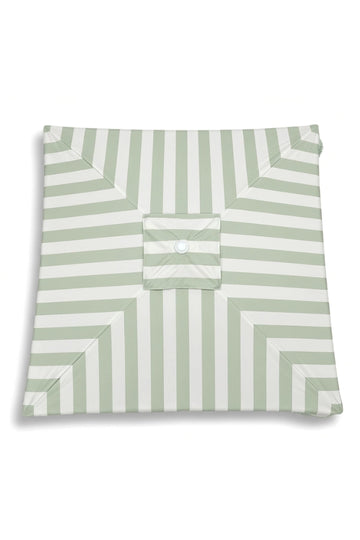 Top-down view of the Salted Sage cabana canopy showing wide sage green and cream stripes in a square design.