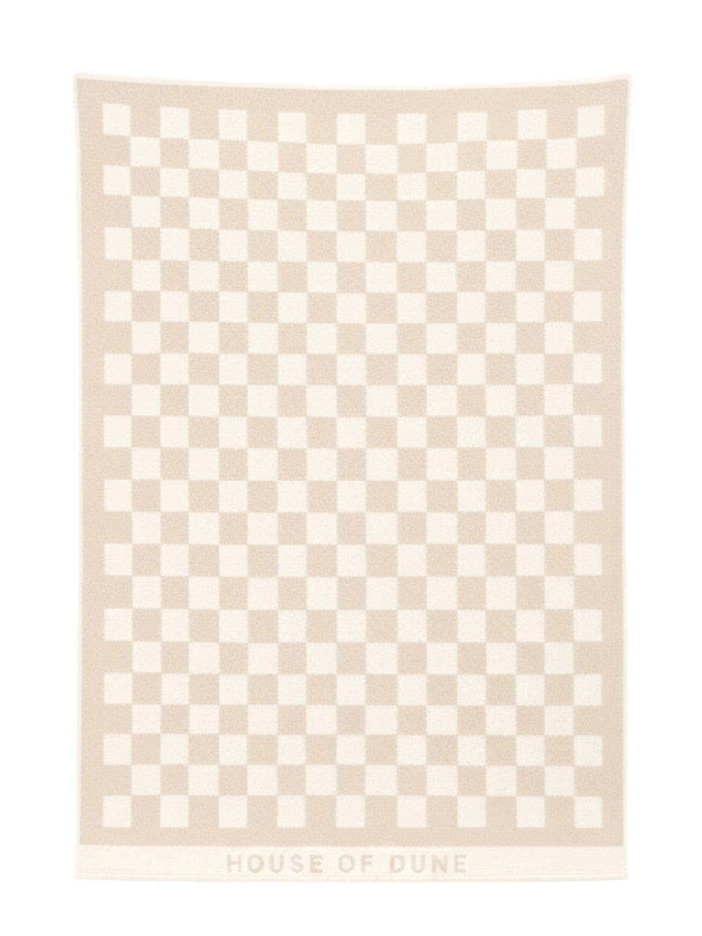 Full view of the Sand Drift checkerboard towel from House of Dune laid flat, showing its warm beige and cream design.