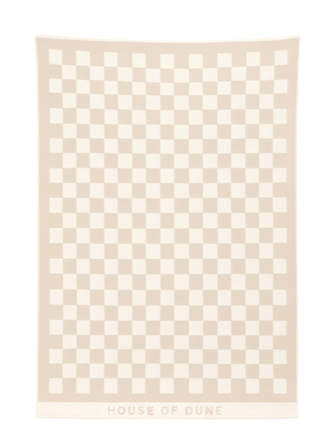 Full view of the Sand Drift checkerboard towel from House of Dune laid flat, showing its warm beige and cream design.