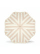 Top-down view of the Sand Drift beach umbrella by House of Dune, featuring soft beige and cream stripes with fringe trim.