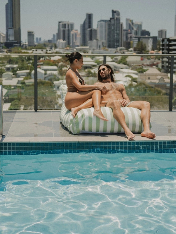 Salted Sage Floating Bean Bag Lounger by House of Dune, designed with recycled RPET for relaxed floating and elevated poolside living.