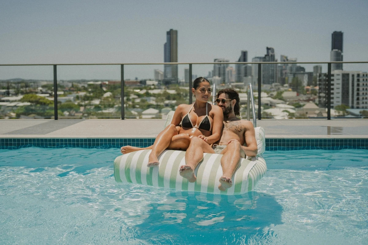 Salted Sage Floating Bean Bag Lounger by House of Dune, designed with recycled RPET for relaxed floating and elevated poolside living.